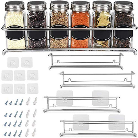 Spice Rack Organizer for Cabinet, Door Mount, or Wall Mounted - Set of 4 Chrome Tiered Hanging Shelf for Spice Jars